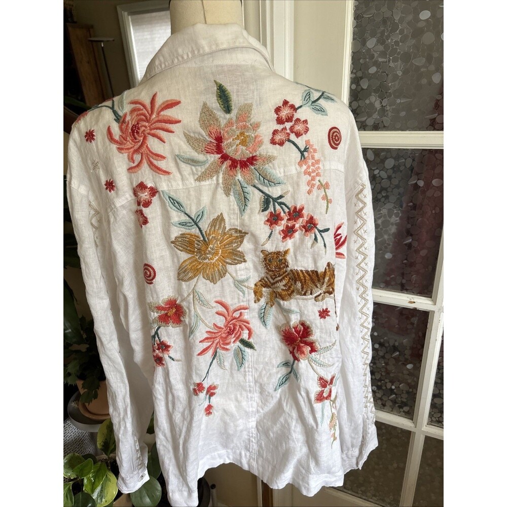 Johnny Was Andrean Linen Top Jacket Embroidered Floral Tiger XL Boho Luxe